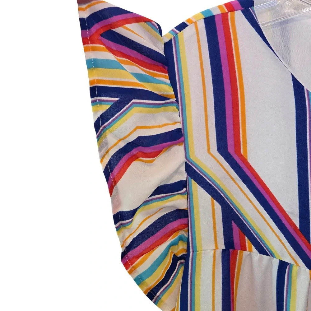 Peach Love California Multi Color Stripe Tiered Babydoll Mini Dress Pockets L - Picture 11 of 13